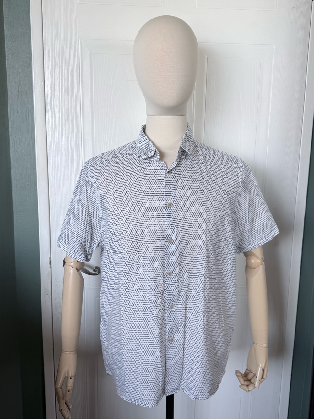 Ted Baker White Short-Sleeve Button-Down Shirt with Navy Microdots